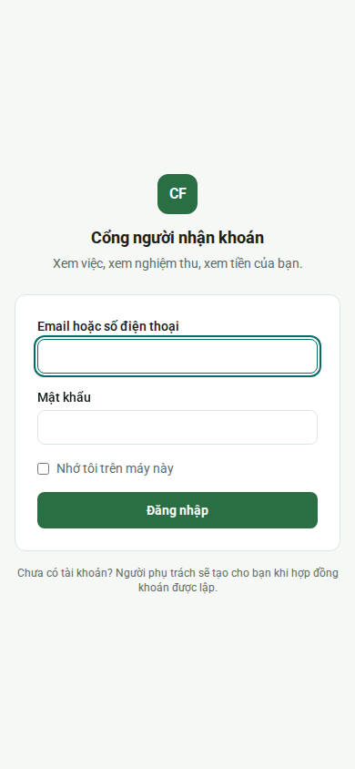 Ảnh chụp màn hình Đăng nhập Cổng người nhận khoán của Cổng người nhận khoán