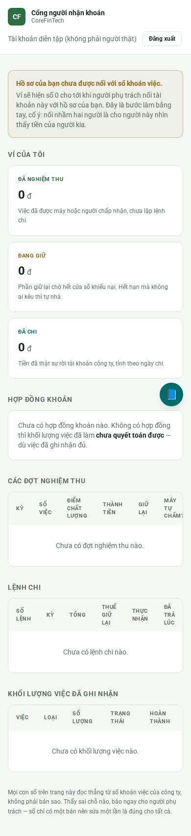Ảnh chụp màn hình Ví của tôi của Cổng người nhận khoán